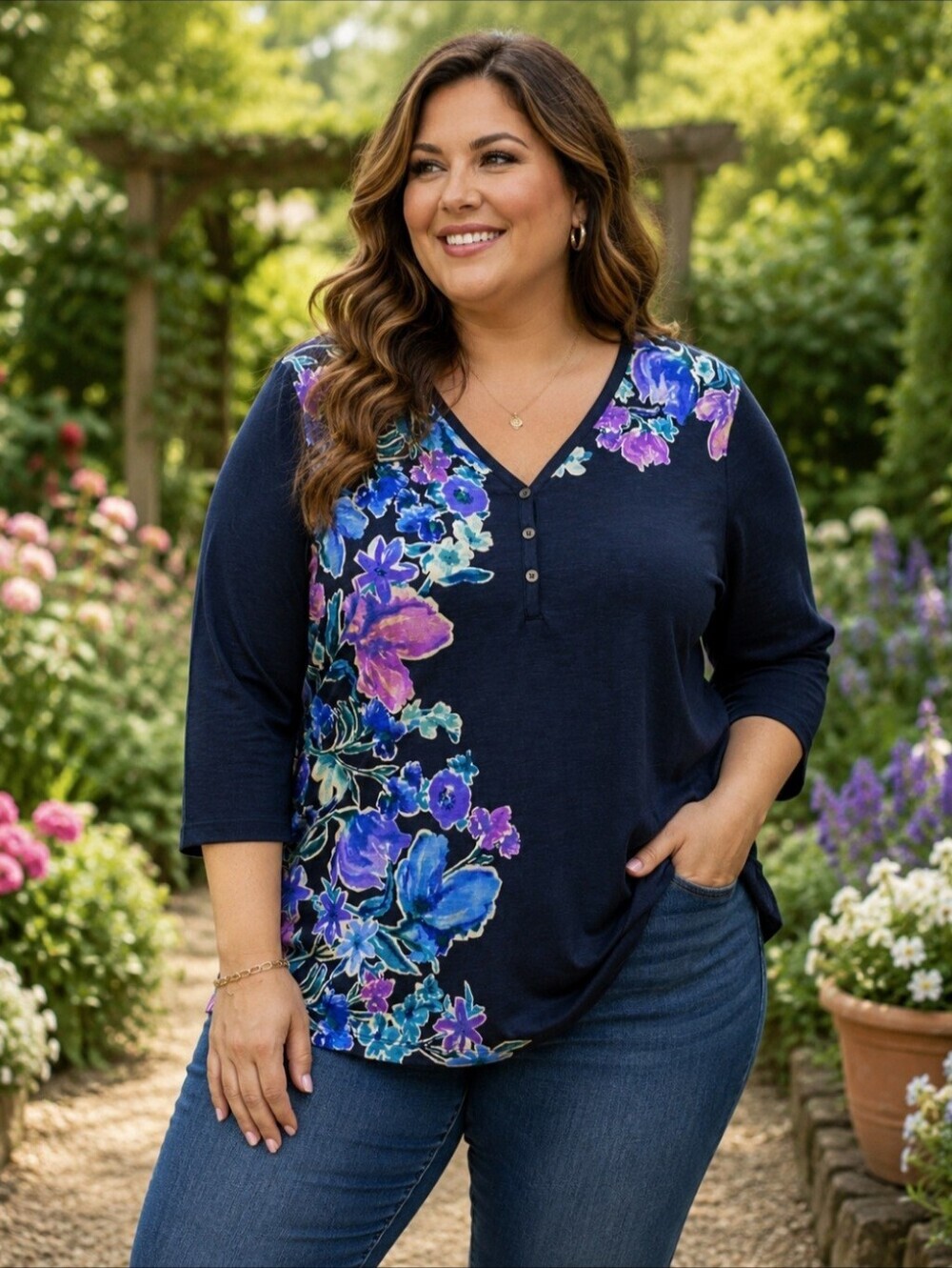 Chico's Size 4 XXL Watercolor Floral Henley Tunic 3/4 Sleeve Navy Cotton Modal